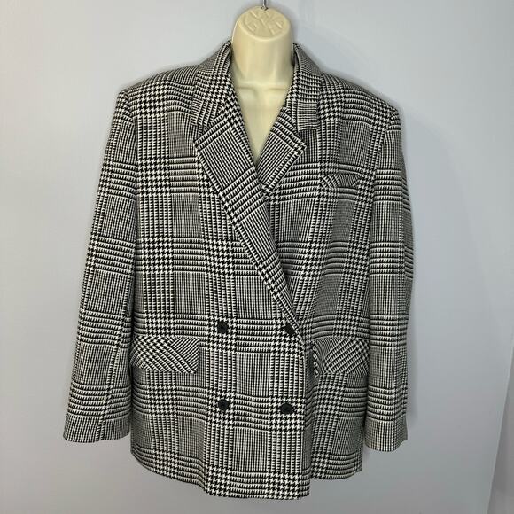 Zara Women's Doble Breasted Checkered Blazer White with Black Relaxed Fit L - Picture 2 of 10